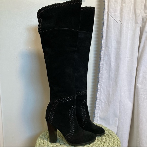 NWOB Report Liola Black Suede Leather Woven Boho Over the Knee Heel Boots - Picture 5 of 16